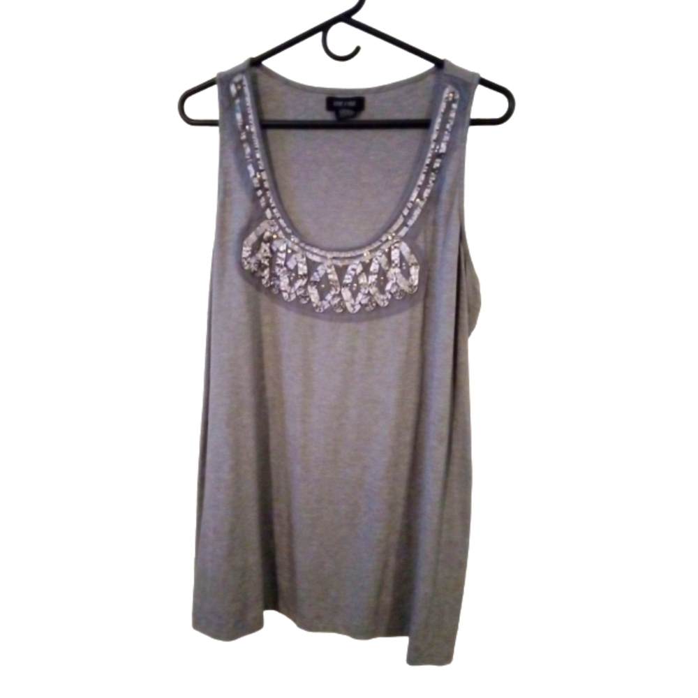 Eccentric Tank Renee & Belle Mixed Fabric Accented Neckline Silver/Gray Plus 2X